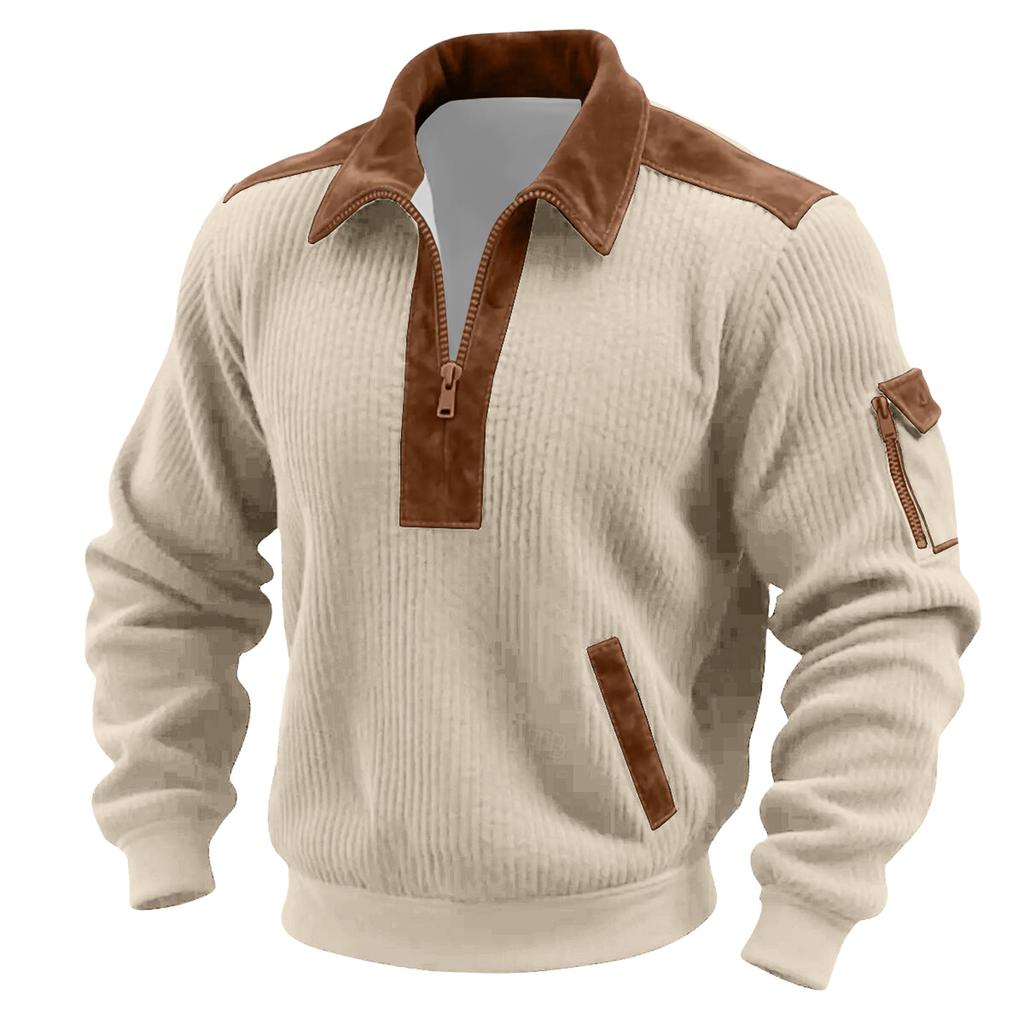 Men's Solid Color Corduroy Zipper Neck Long Sleeve Top Men's Casual Lapel Top