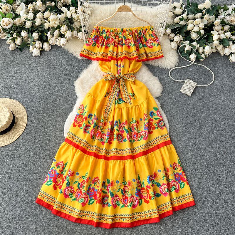 

Super Fairy Palace Style Summer Lace-up Waist-Controlled Dress Yellow 2XL