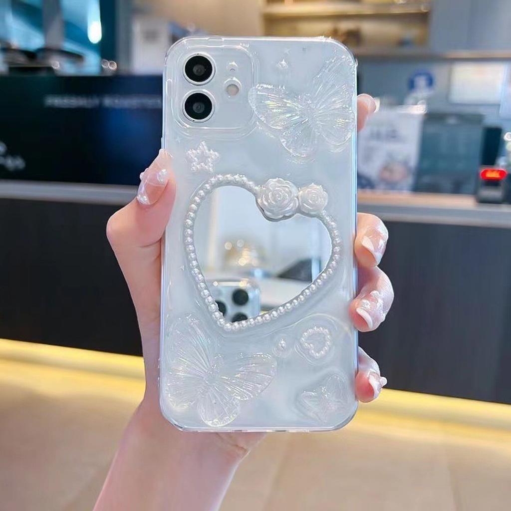 ins wind glue butterfly love mirror is suitable for Apple 11/13 mobile phone case iphone12 transparent fine hole fashion