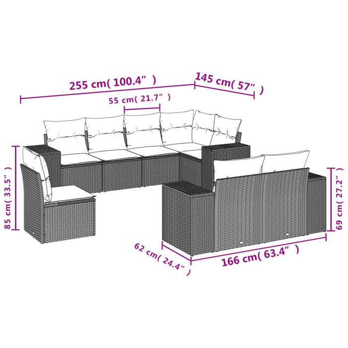 VidaXL Salon de Jardin avec Coussins 8 pcs, Canapés de Terrasse, Ensemble de Meubles de Patio, Mobilier d'Extérieur, Gris 3222839