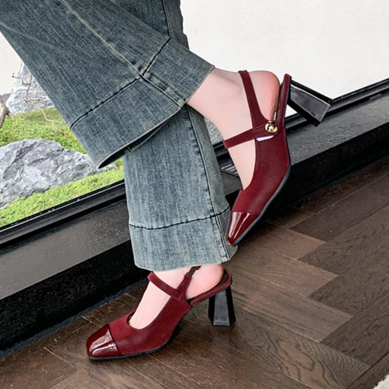 Summer Genuine Leather Toe Block Heel Mary Jane Shoes Women's High Heels Fashion Women's Shoes Comfortable and Elegant Sandals