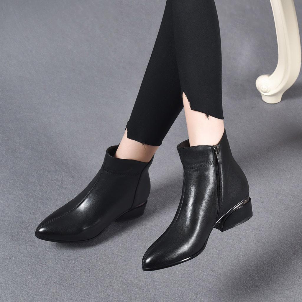 Fashion Women Solid Color Thick Sole Square Heels Zipper Short Booties Plush Pointed Toe Shoes Dress Boots for Women Low Heel