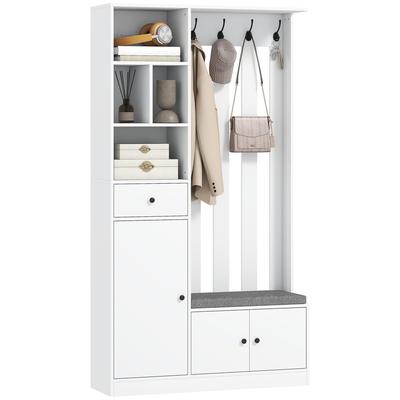 180 cm Garderobenschrank mit Kleiderstange, Schuhbank, 4 Haken, Offene Regale, MDF, Weiß