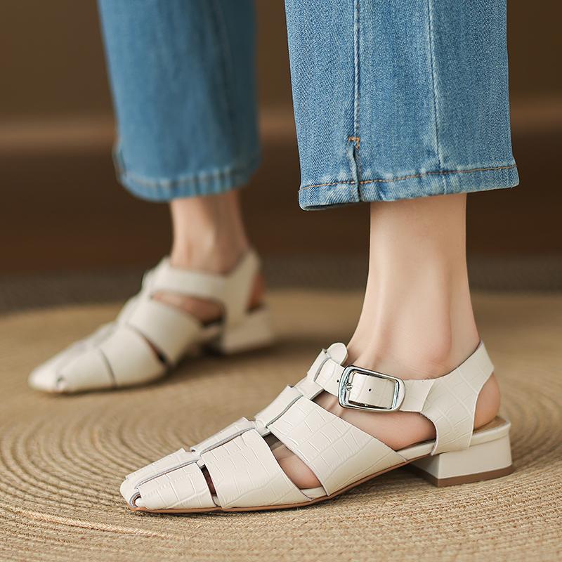 Fashion Women's Cow Leather Square Toe Hollow-out Ankle Strap Low-heel Sandals High Quality Soft Comfortable Elegant Ladies Daily Shoes