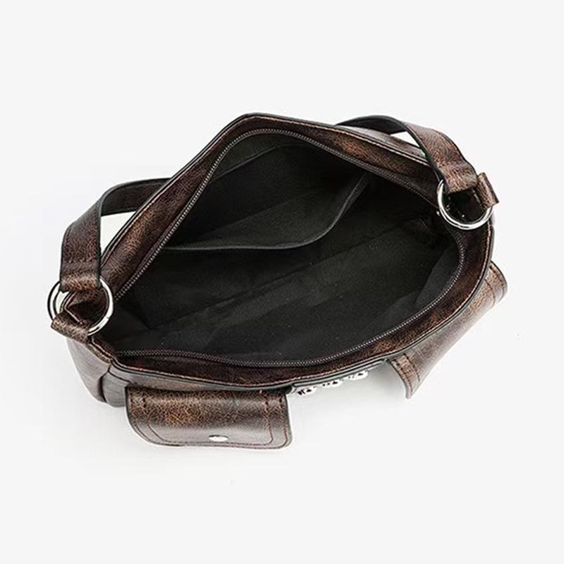 Retro Brown Studded Punk Shoulder Bag: Double Pocket Baguette for the Bold and Stylish