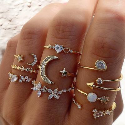 9 Pçs/set Lady Ring Set Diversas Formas Strass Decoração Estrela Lua Borboleta Coração