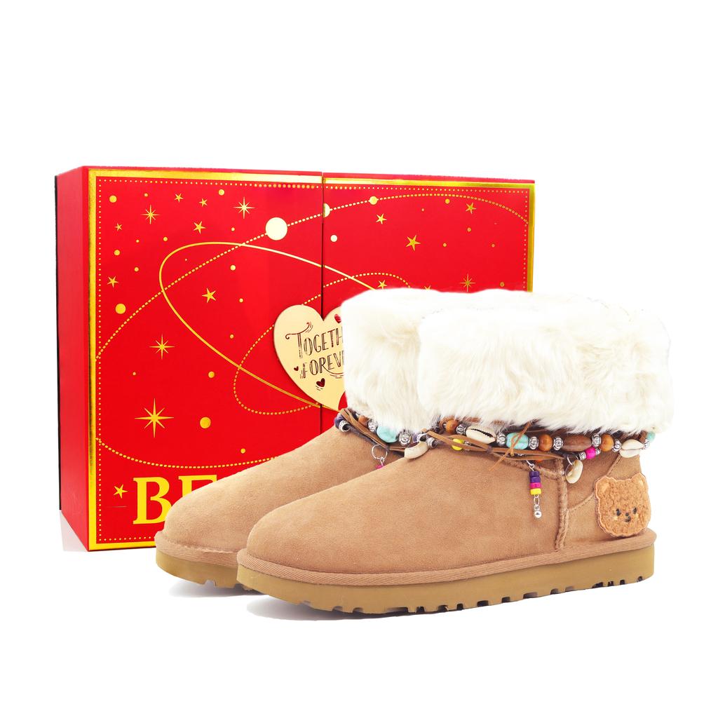 UGG CLASSIC MINI Mocha Bear New Arrival Box Sheepskin Thermal Waterproof Short Snow Boots Women's Brown 1016222-CHE(Team-)