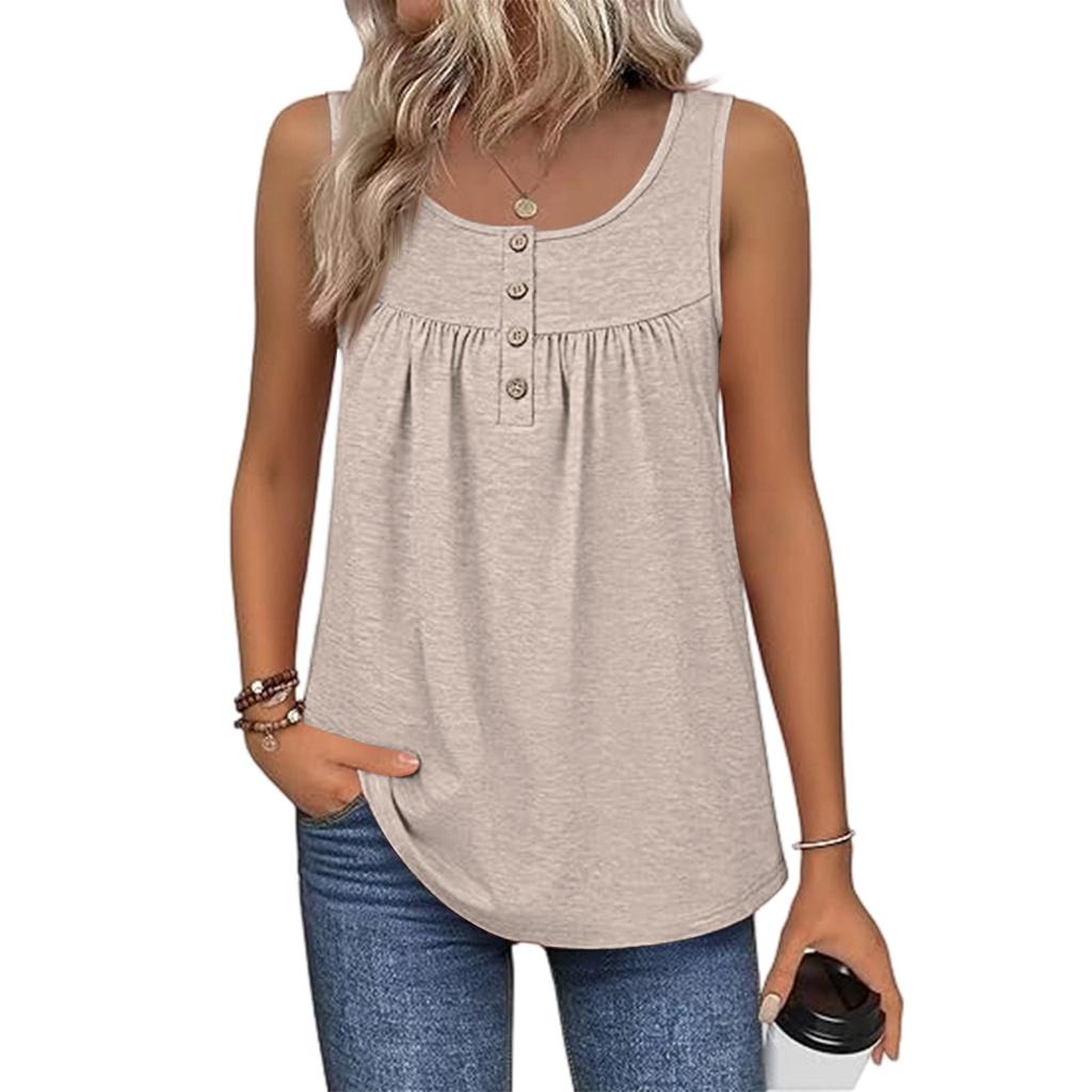 Modisches, einfarbiges, ärmelloses Damen-Westtop mit Rundhalsausschnitt und Knopfdekoration, geeignet für Innen- und Außenbekleidung.