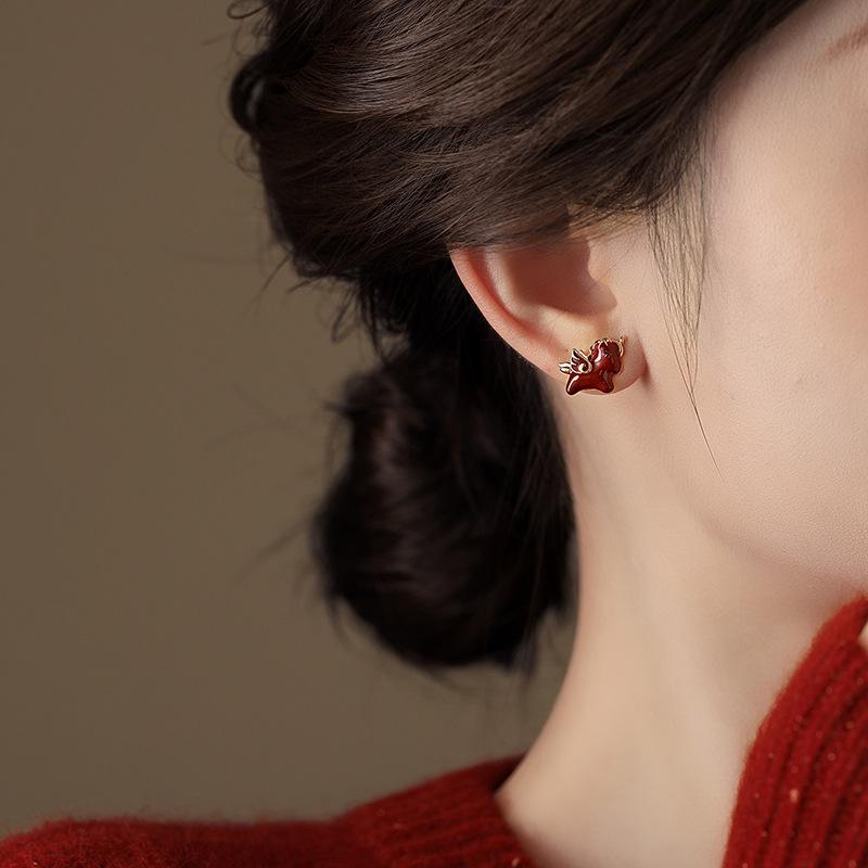 Zodiac Horse Silver Needle Drip Oil Earrings - Retro Elegant Lightweight Studs