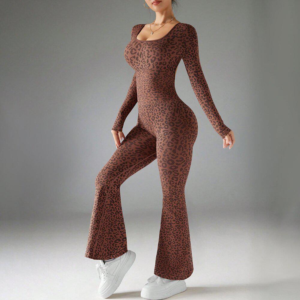 Женский узкий комбинезон с леопардовым принтом, трансграничный: Длинный рукав, Сексуальный, Круглый вырез Small