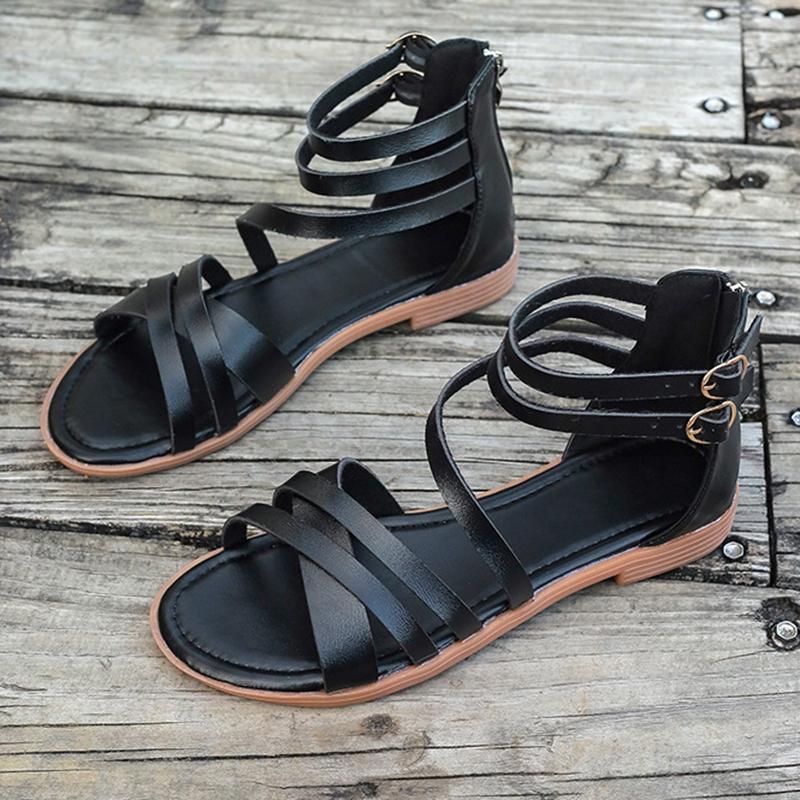 

Черные сандалии из искусственной кожи, женские туфли на плоской подошве с открытым носком, летние модные сандалии на молнии с пряжкой, женская пляжная обувь Sandalias Mujer 43