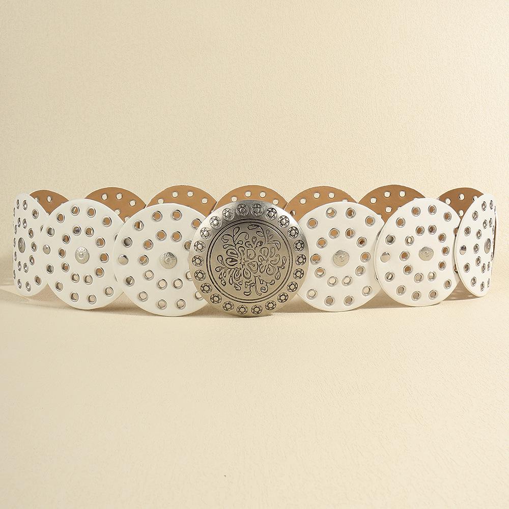 Cinturón Ancho de Cuero Estilo Western Vintage con Decoración de Disco Metálico Hueco
