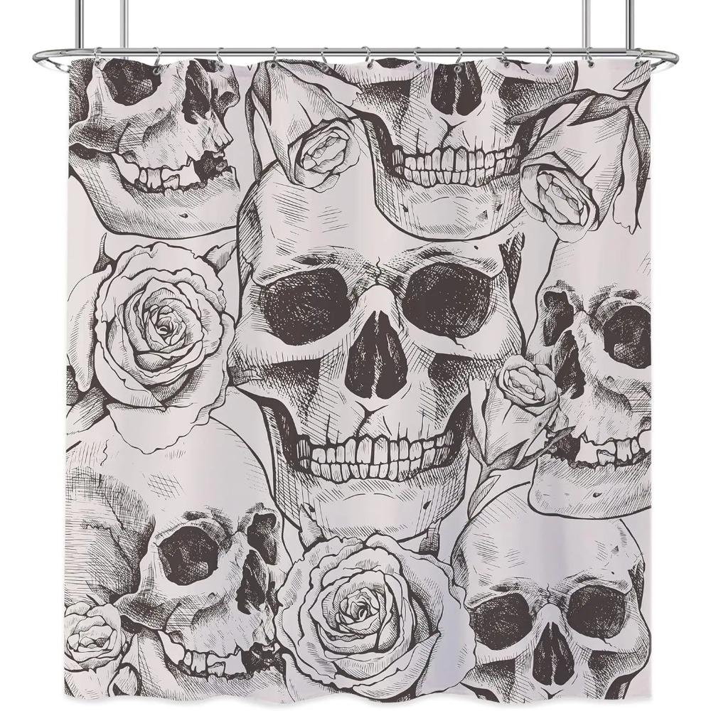 Skull Gothic Skeleton Shower Curtain, Goth Black Floral Rose Decor For Bathroom, Halloween Artistic Waterproof Washable