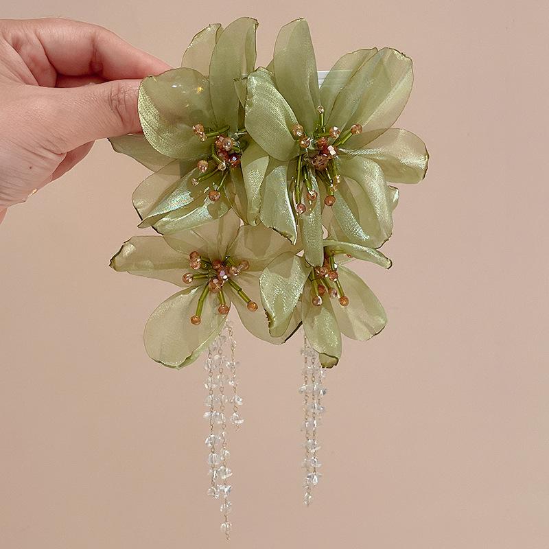 Silver Needle Crystal Tassel Flower Mesh Earrings - Elegant Niche Dangle for Women