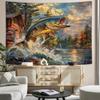 Largemouth Bass Tapestry, Oil Painting-style Jumping Fish with Cabin and Forest Lake At Sunset Print Wall Hanging for Home Decor