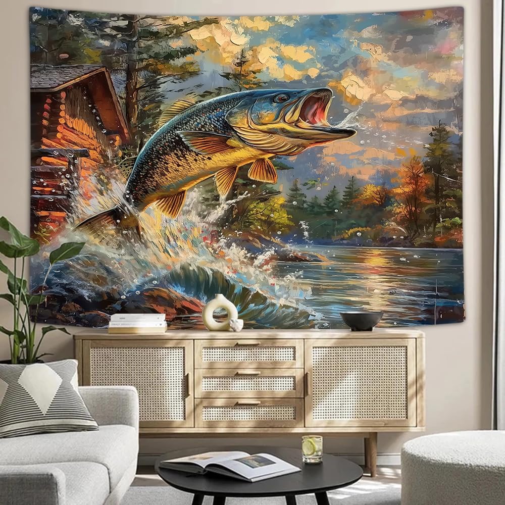 Largemouth Bass Tapestry, Oil Painting-style Jumping Fish with Cabin and Forest Lake At Sunset Print Wall Hanging for Home Decor