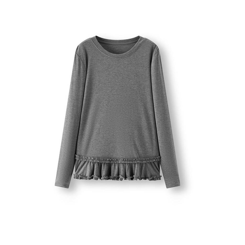 Semir Women's Long Sleeve T-shirt Solid Color Ruffle Trim Slim Fit Winter 2025 Lotus Leaf Edge Top