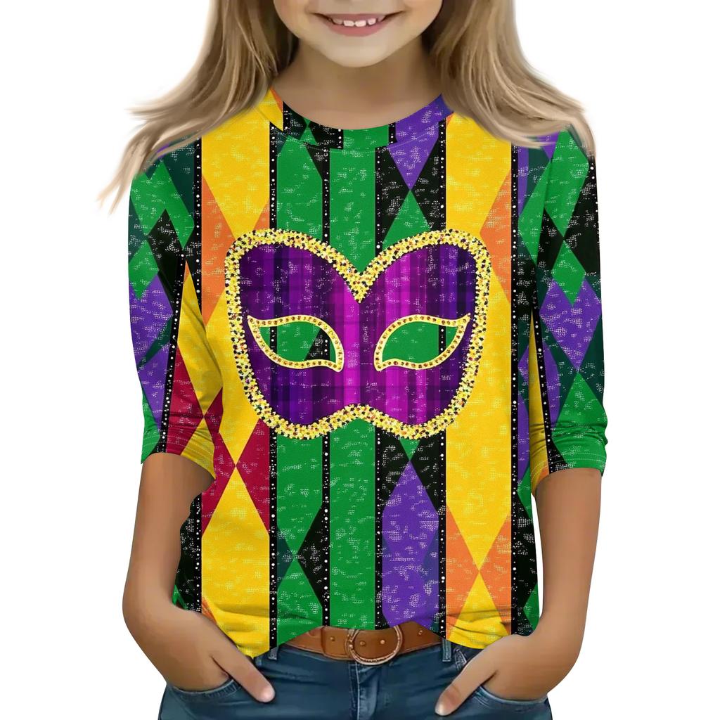 Print Tops For Youth Girls Round Neck 3/4 Sleeves T-Shirts Trendy Tops Outfit Tees