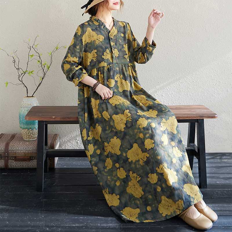 Real Spring and Summer New Retro Cotton and Linen Printing Loose Casual Fungus Lace Collar Long-sleeved Big Swing Dress