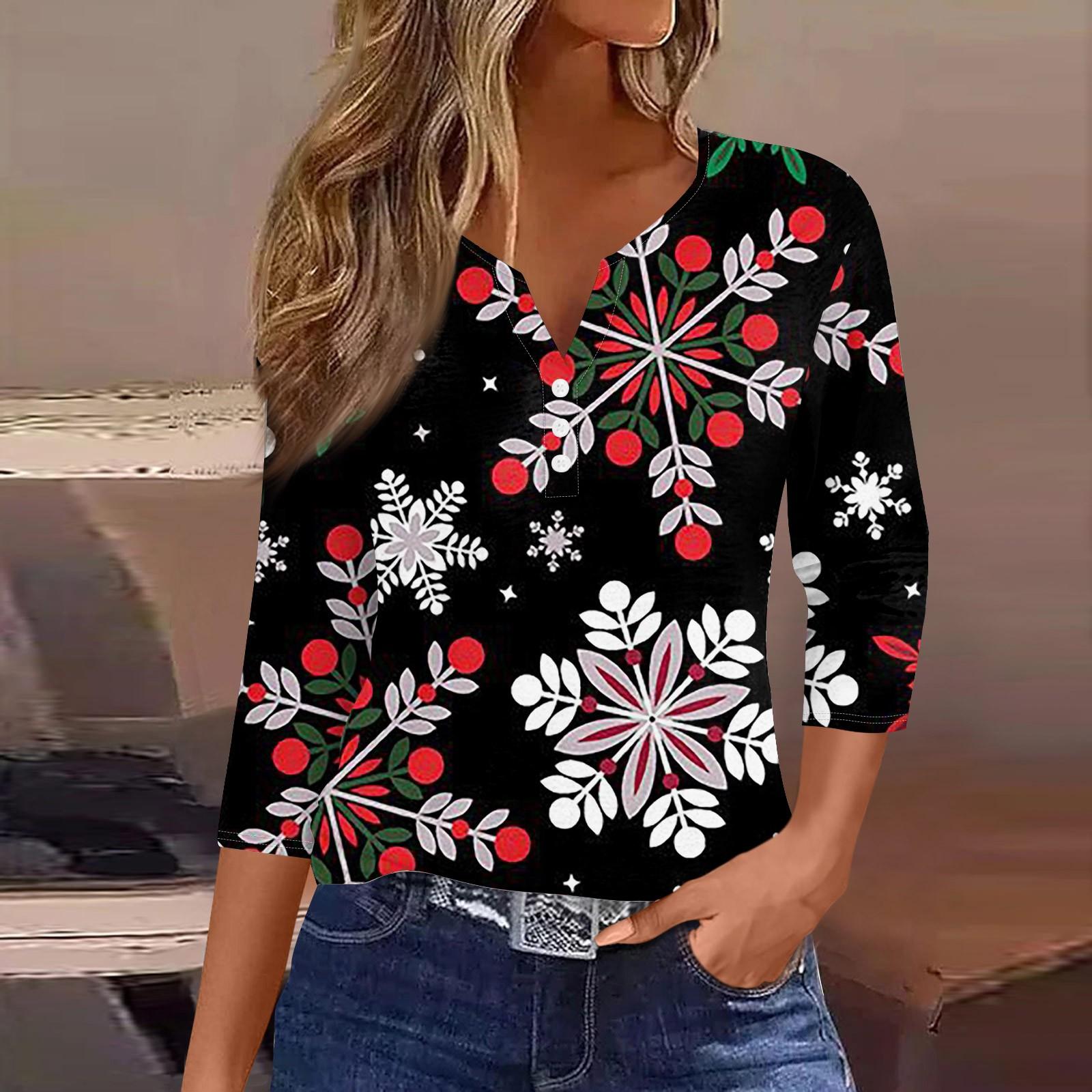 

Жен. Футболка Футболка С принтом Пуговицы Рукав 3/4 Повседневные Выходные Мода Классический Классический V-образный вырез Обычный Верх XXXL чёрный