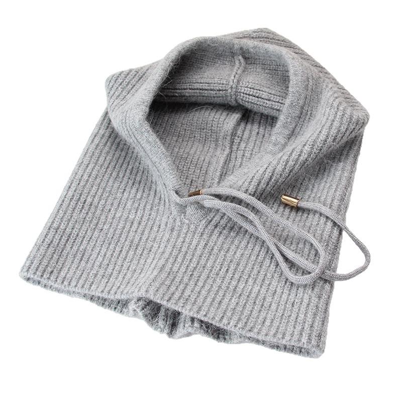 Rabbit Fur Knitted Balaclava Hat Women's Winter Integrated Neck Guard Hat Drawstring Warm Hooded Scarf European and American Cold Hat