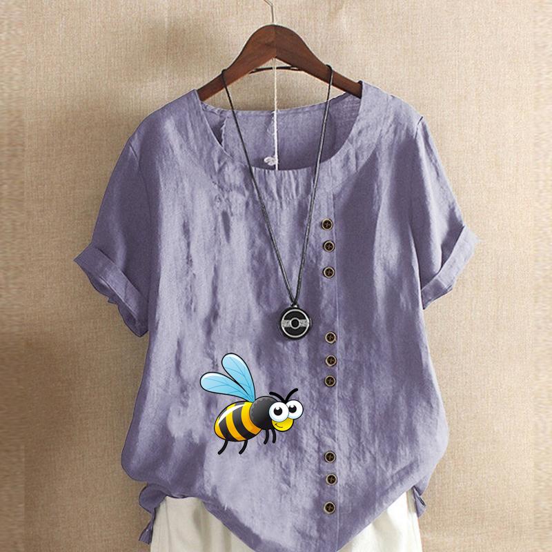 Damenmode Rundhals Kurzarm T-Shirt Lässiges Baumwoll-Leinen-Grafikhemd Freizeit Lose Honigbienen-Print Sommerbluse Tops