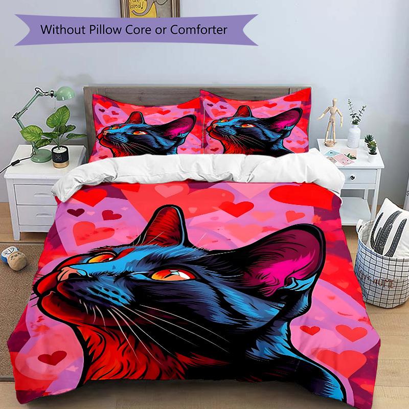 3pcs Cat Art Print Duvet Cover Set, Cover For Bedroom Guest Room (1 Duvet Cover + 2 Pillowcase, Without Quilt),  Yy250922121