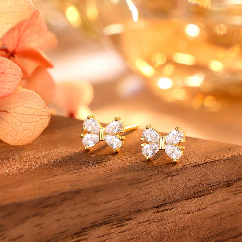 925 Sterling Silver Inlaid Zircon Bow Earrings for Women Student Korean Sweet Jewelry Accessories