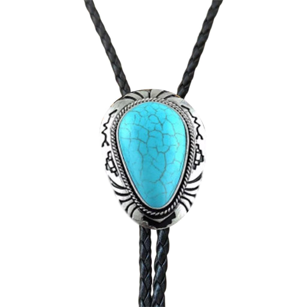 Men's Western Adjustable Bolo Tie with Stone Pendant Braided Leather Rope Necktie Shirt Collar Chain Jewelry Necklace