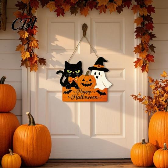 Cute Halloween Front Door Plaque Sign with Hemp Rope Lanyard, Pumpkin Ghost Printed Hanging Weatherproof Wall Ornament Plaque, Wooden Art for