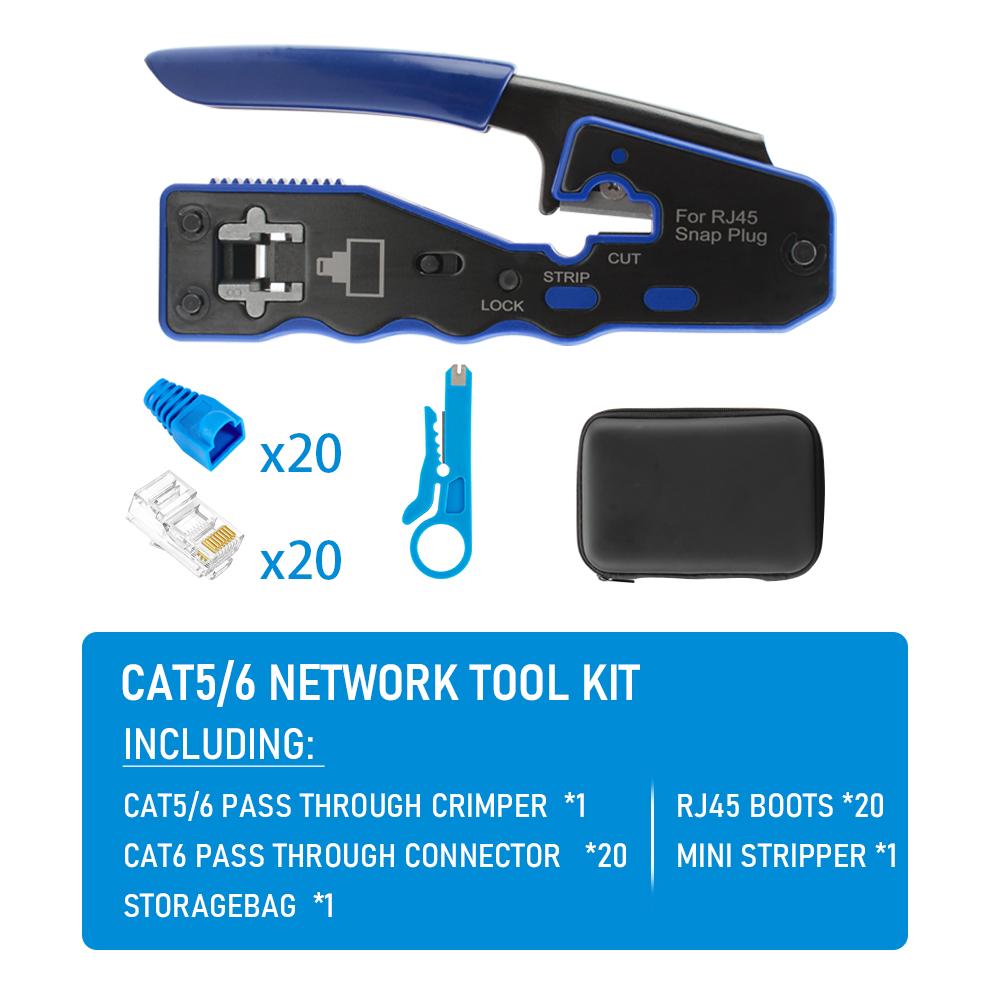 RJ45 Pass Through Crimper, Cat6 8P8C LAN Crimp Tool Kit with Wire Stripper, 10PCS Cat6 Connectors and Strain Relief Boots