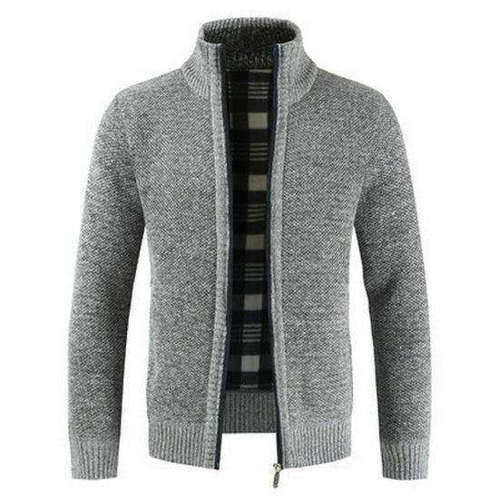 Chunky Knit Fleece-Lined Zipper Cardigan: Stand Collar Winter Sweater