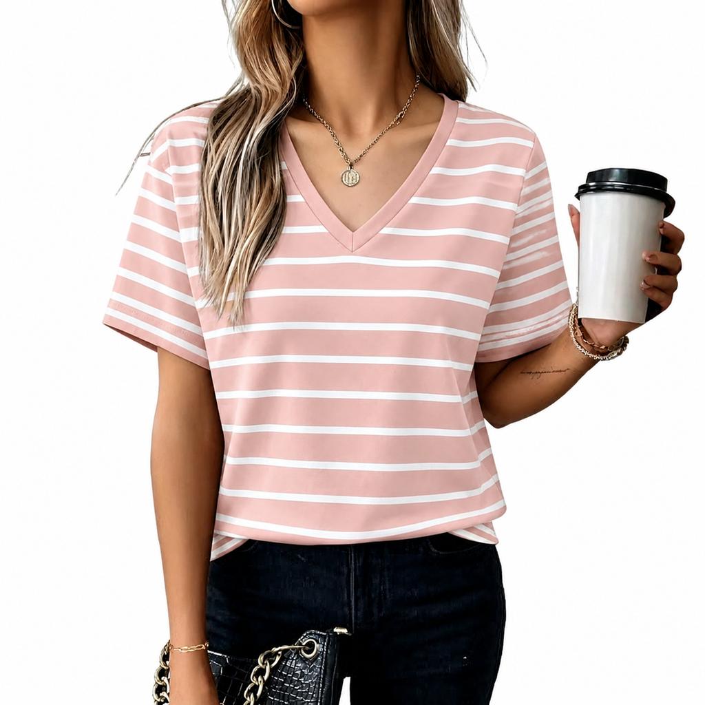 Women’s Short Sleeve V Neck Striped T Shirt Basic Summer Blouse Casual Loose Fit Lightweight Top for Daily Wear