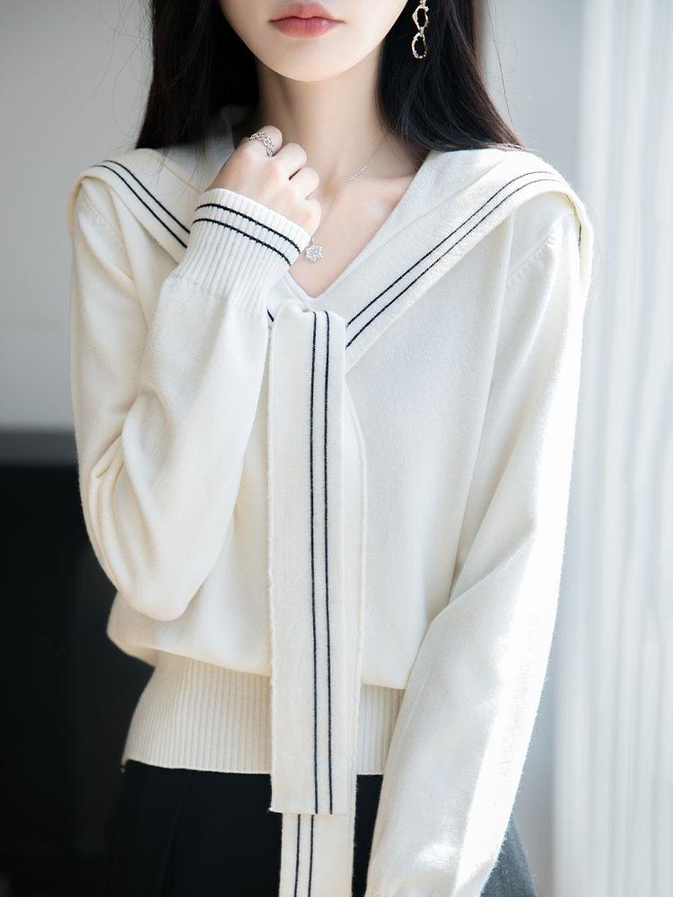 Navy Collar Knit College Style Women's Pullover Sweater - Autumn Winter, Long Sleeve, Loose Fit, Versatile.