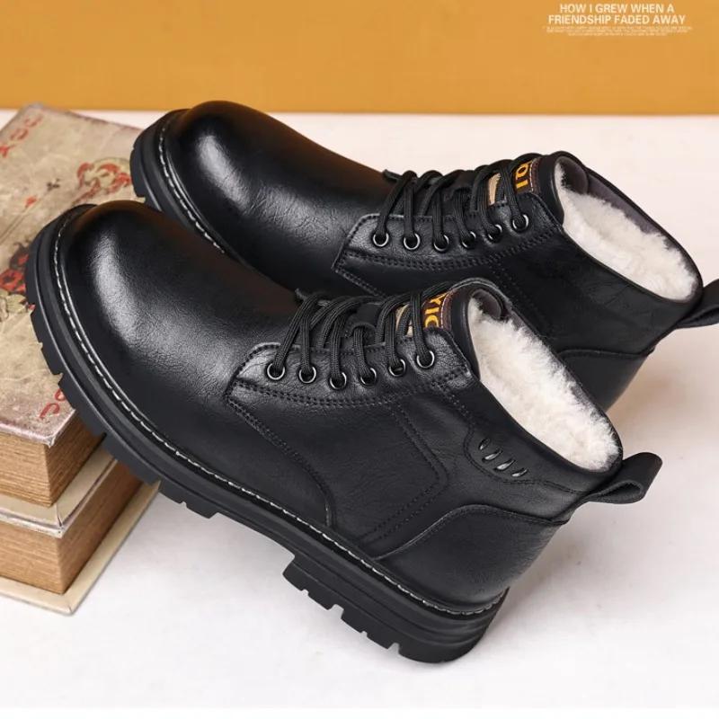 Fashion Winter Warm Platform Leather Velvet Men's Boots Designer Soft-soled Casual Cotton Shoes for Men Fashion Wool Ankle Boots Male