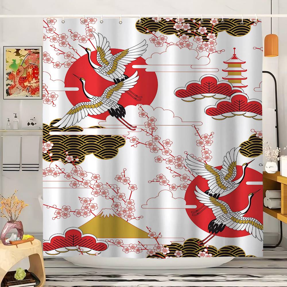 Japanese Style Koi Cherry Blossom Pattern Bathroom Shower Curtain Bathroom Partition Curtain Light Opaque Waterproof