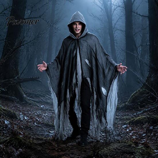 Vampiric Character Outfit Halloween Hooded Cloak, Medieval Gothic Wizard Vampires Cape with Black Mysterious Costume Accessory Mesh, Full Length