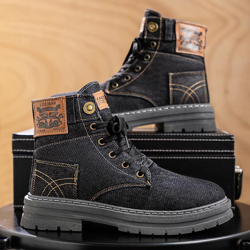Men's high top Denim Boots Retro Canvas Boots for Men Trendy Working Shoes Male Ankle Boots Outdoor Street Style Platform Boots