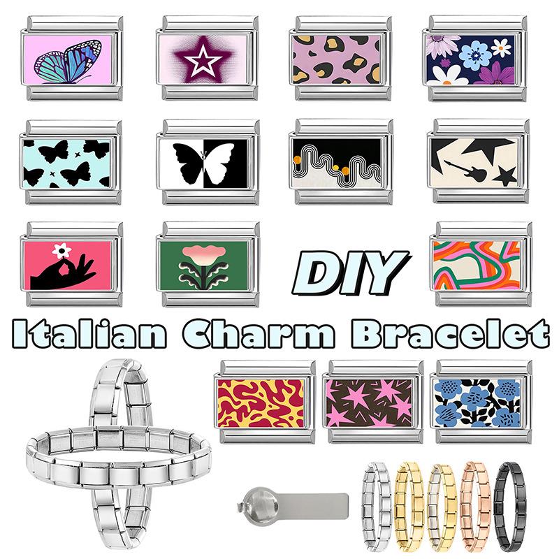 Wholesale Purple Star Butterfly Flower Guitar Heart Y2K Italian Charm Links Fit 9mm Stainless Steel Bracelet DIY Making Gift
