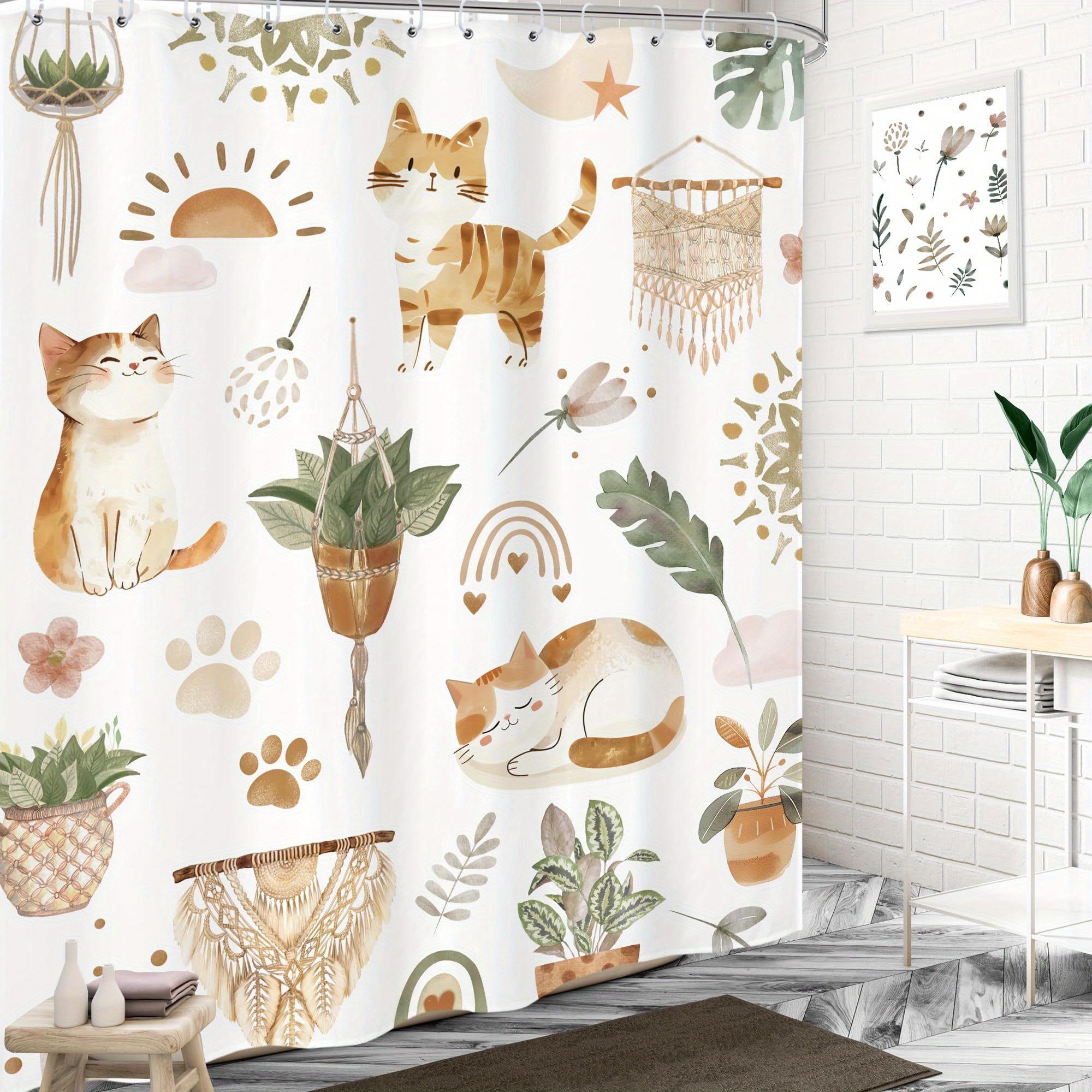 

Водостойкая полиэстеровая перегородка для ванной - Цифровая печать, машинная стирка с крючками, эклектичные мотивы кошек и растений W160xH180cm