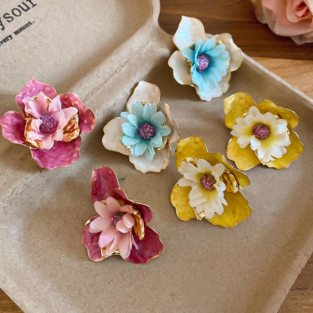 Iron Cloth Exaggerated Ear Pendant Oil Drip Floral Ear Studs Colorful Flower Earrings Vacation