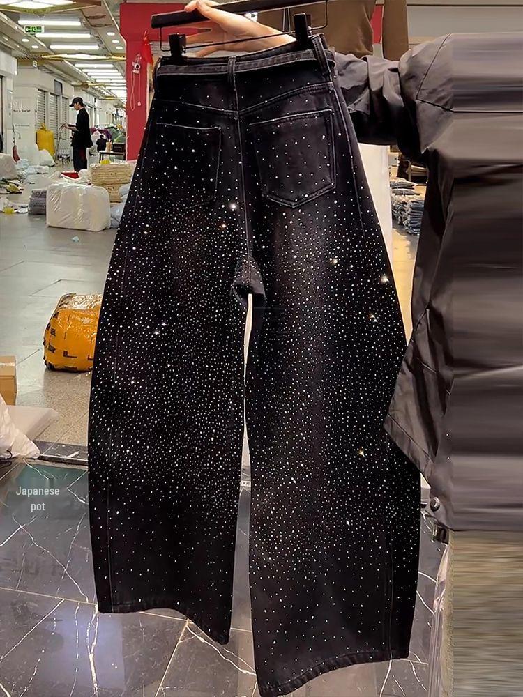 Amerikanische Stern Strass Funkel Denim Hose - Damen Weites Bein Bodenlang 2026 Frühling Sense Stil