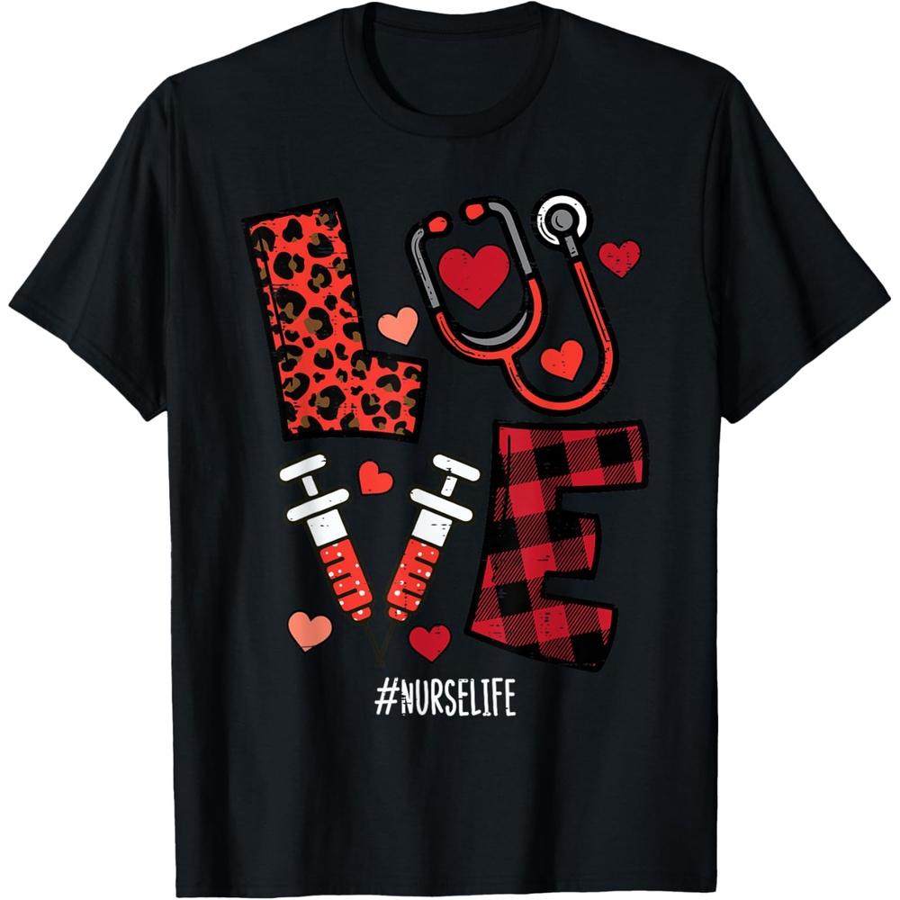 Valentines Day Leopard Plaid Nurse Nursing Scrub Top Women Cotton Men T Shirt M