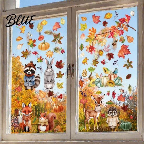 Autumn Window Clings 9 Sheets Fall Woodland Animals Clings Maple Leaf Pumpkin Reusable Autumnal Glass Squirrel Fox Rabbit Sticker Anti Collision