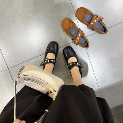 Herbst Neue Flache Sohle Nieten Ballett Einzelne Schuhe Damen Schleife Runde Zehenpartie Nieten Mary Jane Schuhe Damen