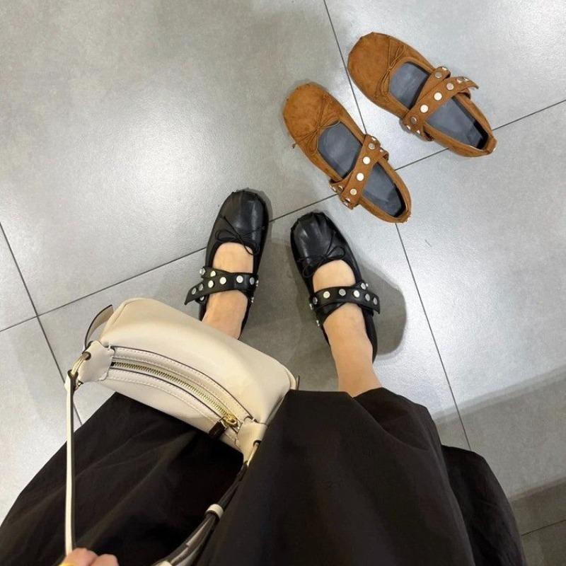 Autumn New Flat Bottom Rivet Ballet Single Shoes Women's Bow Round Head Rivet Mary Jane Shoes Women's