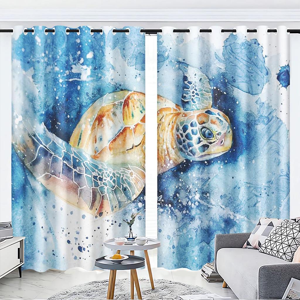 Cartoon Sea Turtles Curtain Sets, Window Decoration, 100% Polyester Shade, Bedroom, Living Room