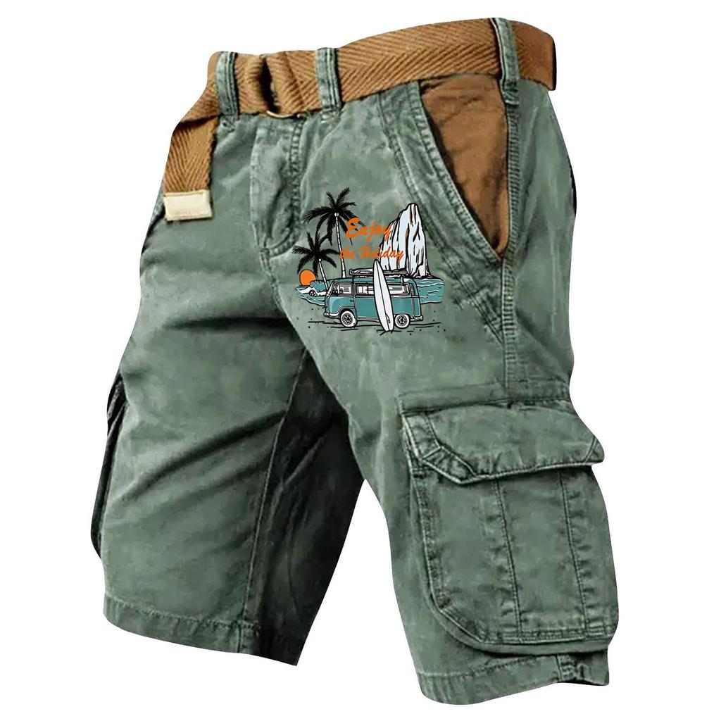 Men's Summer Printed Casual Multi Pocket Cargo Shorts Without Belt Loose Fit Cotton Fabric Classic Style