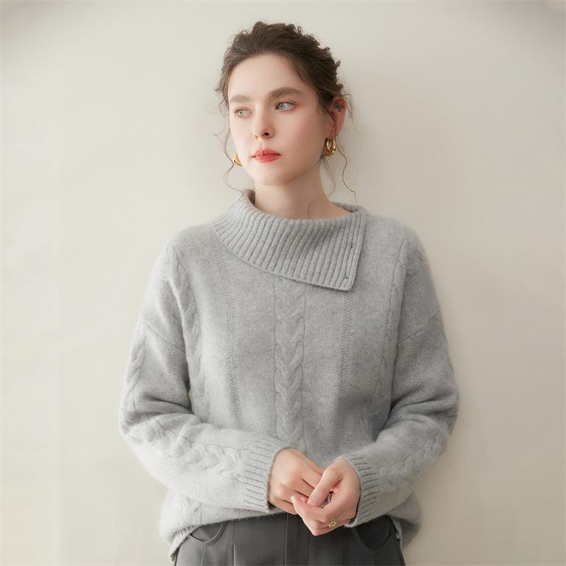 Women's Thickened Cashmere Cable Knit Sweater - Solid Color Base Layer Top for Autumn & Winter