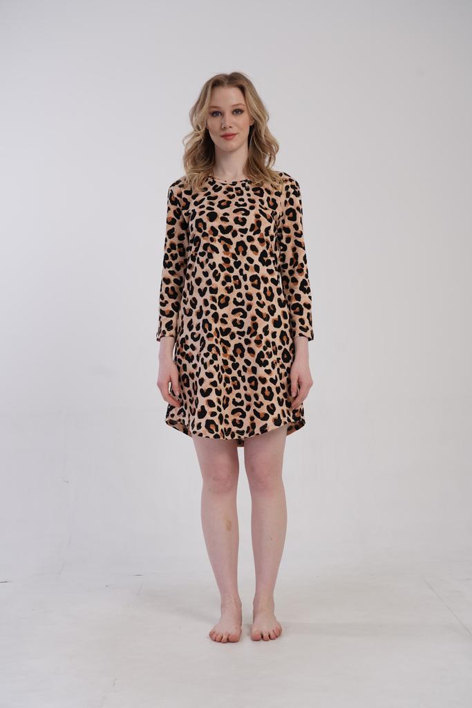 Women's Cotton Nightgown Long Sleeve L Vienetta Leopard Print Pockets